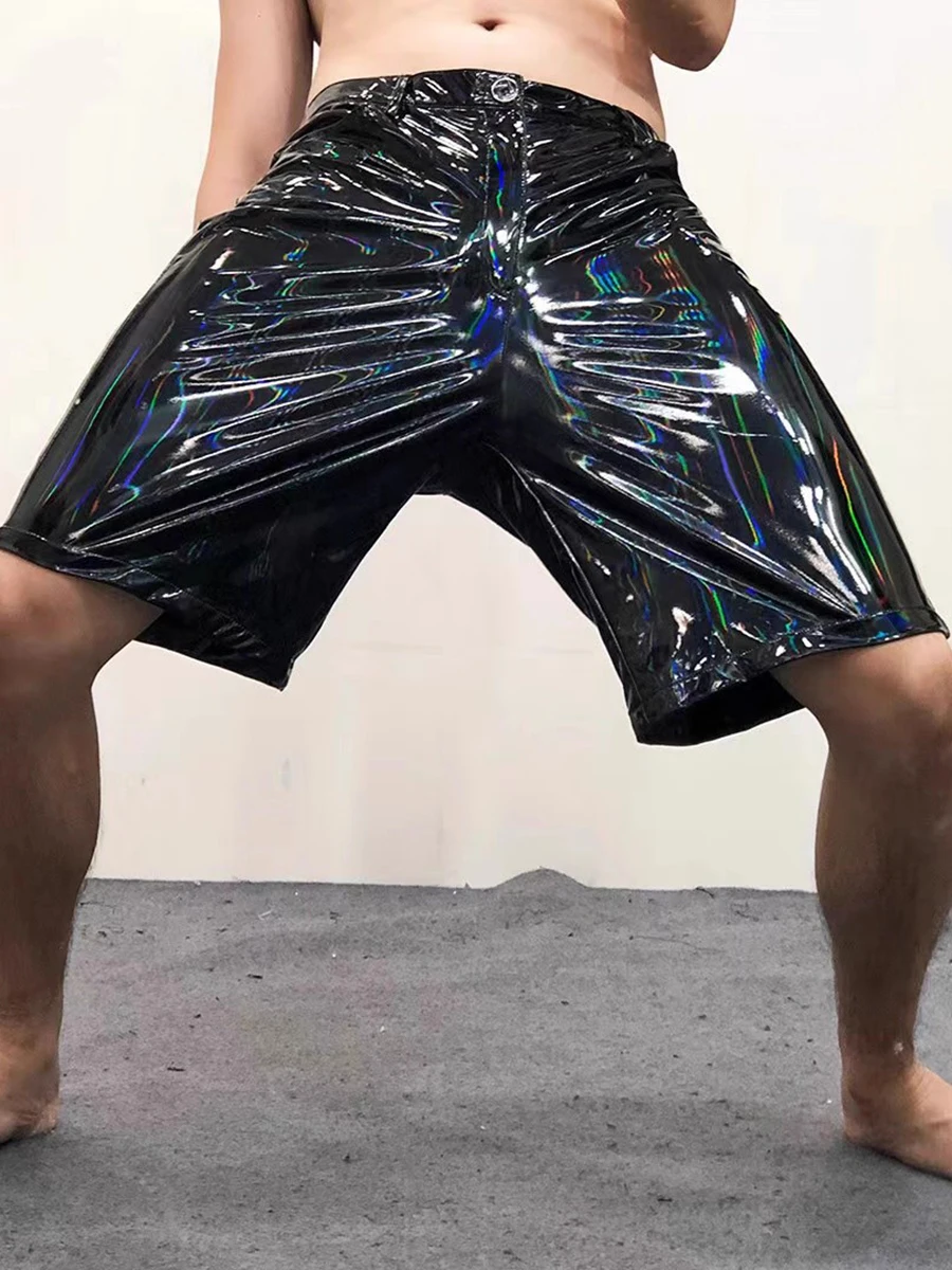 Mauroicardi Summer Soft Stretchy Thin Lightweight Shiny Reflective Holographic Black Faux Leather Shorts for Men Y2K Streetwear