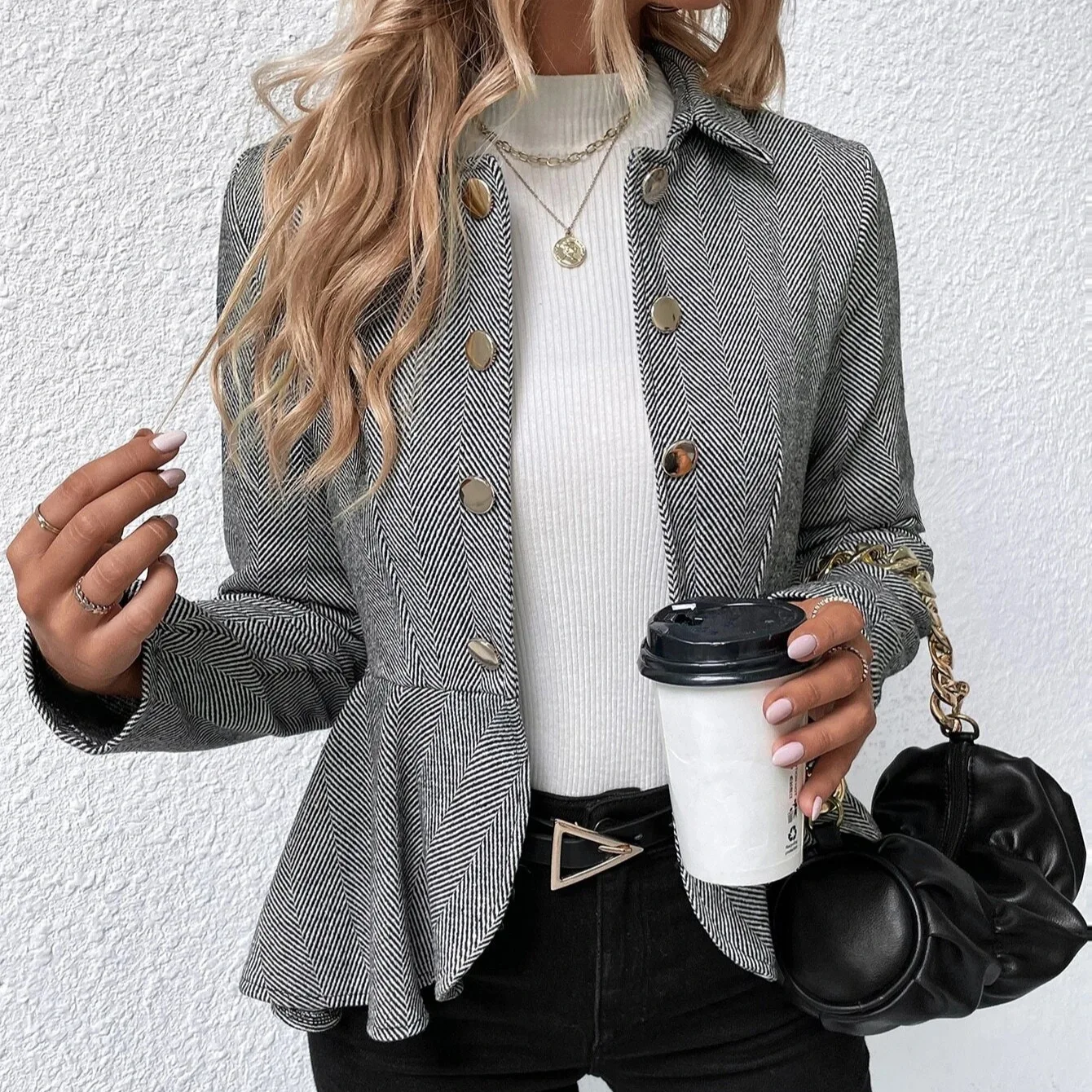 Jacquard Lapel Double-Breasted Blazer Women's Slim Office Casual Jacket