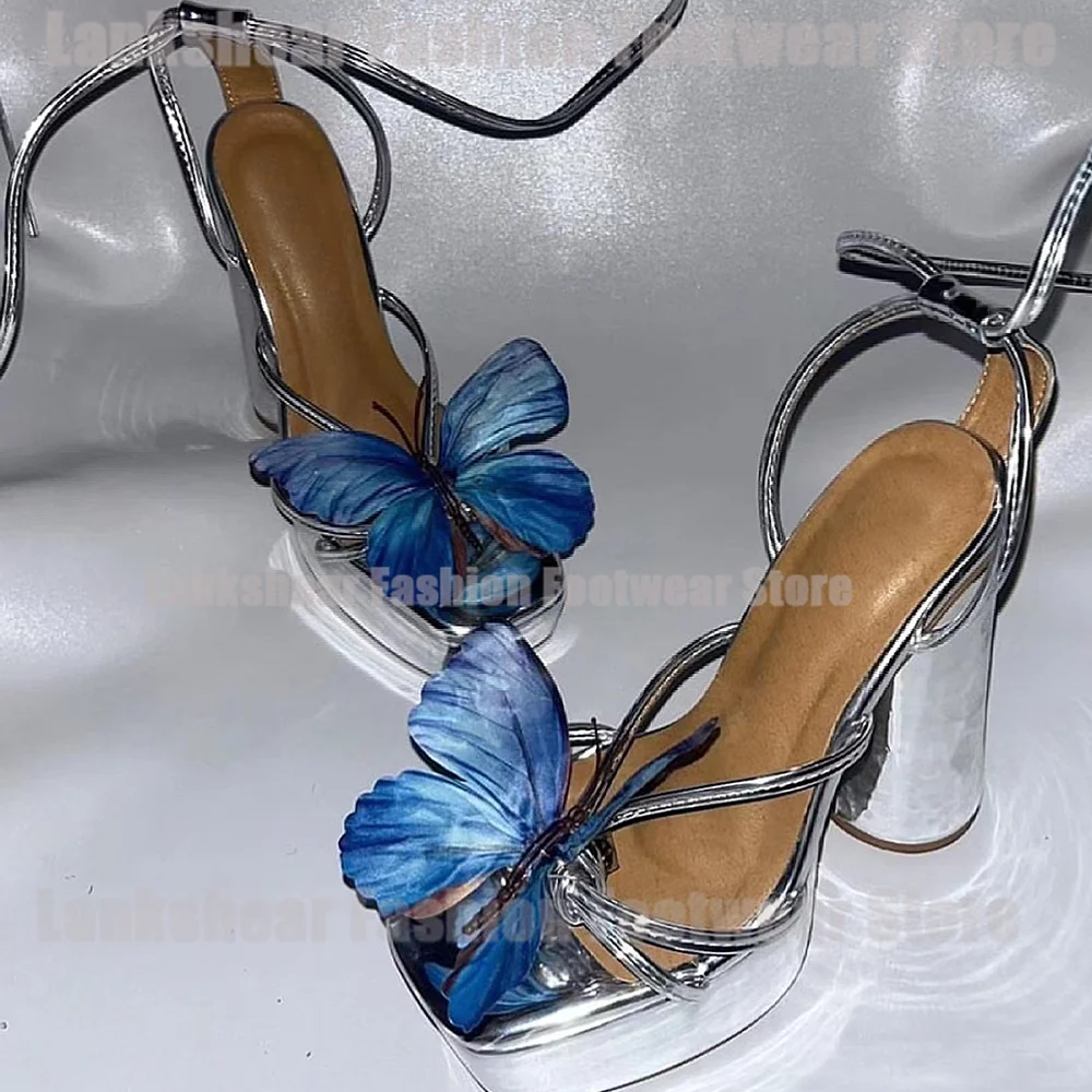 Blue Butterfly Ankle Lace-Up Sandals for Female Women Platform High Heel Square Toe Summer Shoes Sandalias De Mujer Verano 2024