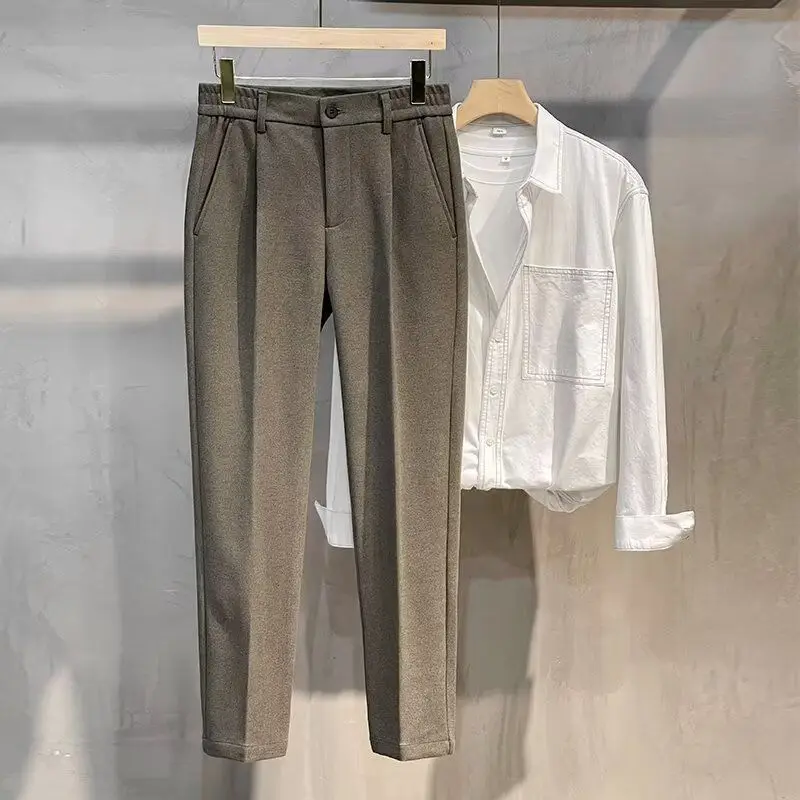 Men Wool Straight Dress Pants Autumn Winter Thick Warm Cropped Casual Trousers Smart Mature Style