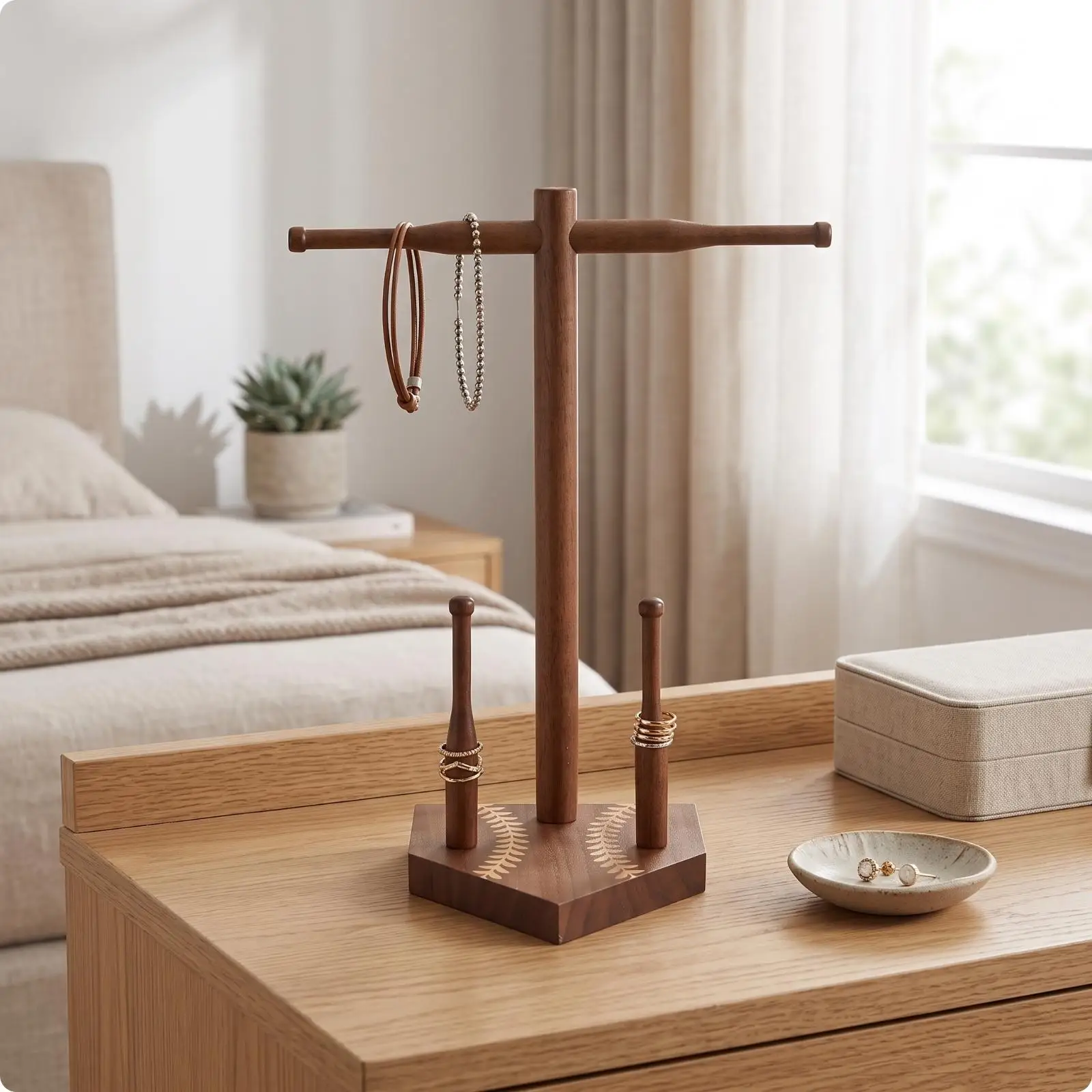 Sturdy Wooden Jewelry Stand with Triangular Base for Necklace Bracelet Earring Display Tabletop Organizer