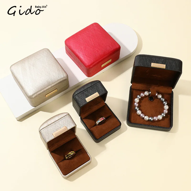 Premium Brushed PU Leather Jewelry Box RoundCorner Gold Label Velvet Interior Ring Pendant Bracelet Gift Packaging Case