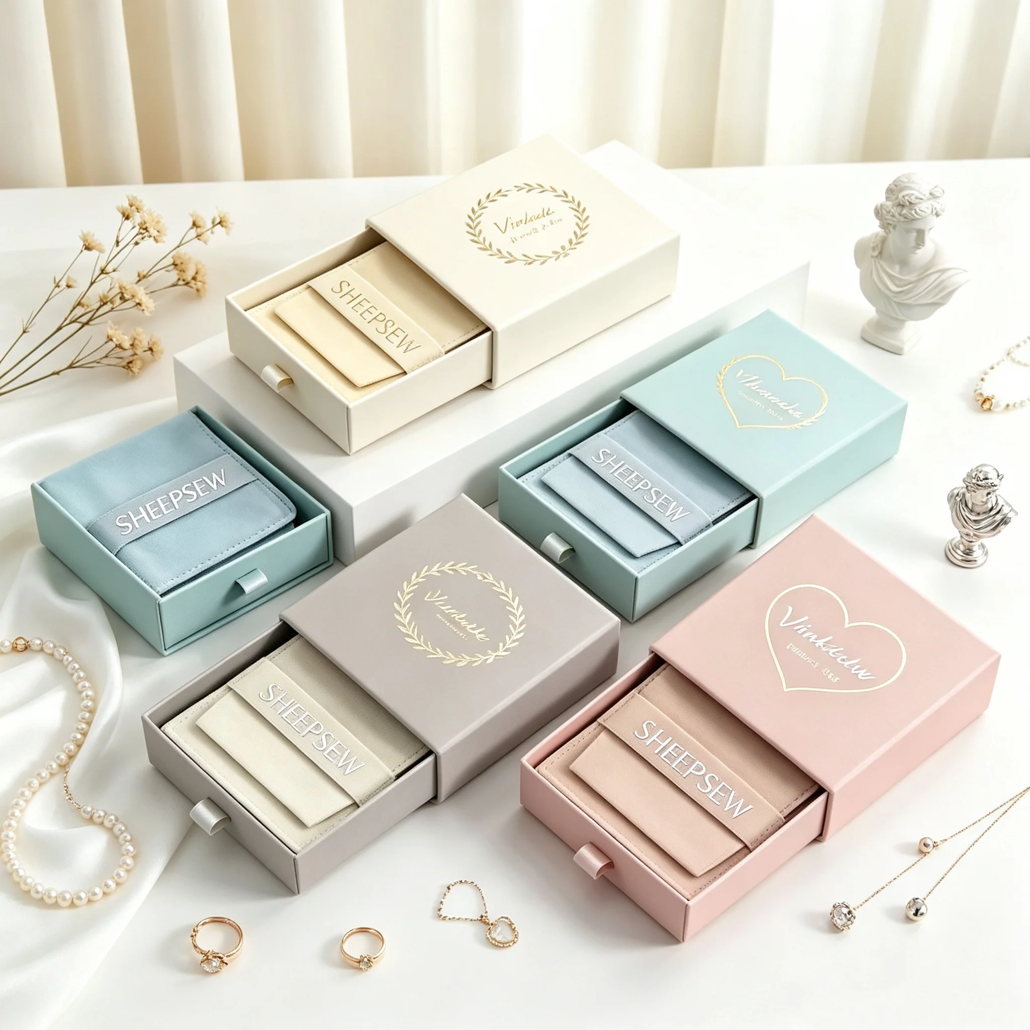 SHEEPSEW Luxury Wedding Birthday Jewelry Gift Packaging Set, Custom Logo Sliding Drawer Cardboard Box with Microfiber Storage Po