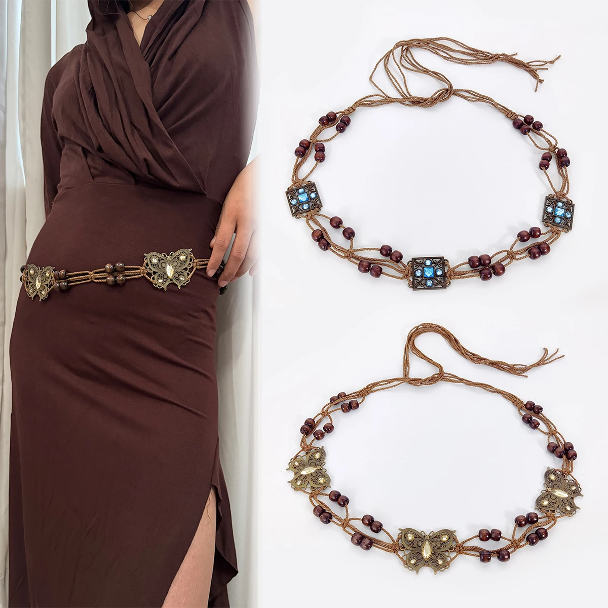Fashion Bohemian Knot Waist Belt Handmake Braided Waistbelt Summer Casual Cloth Y2K Belts For Women Rhinestone  Accessories