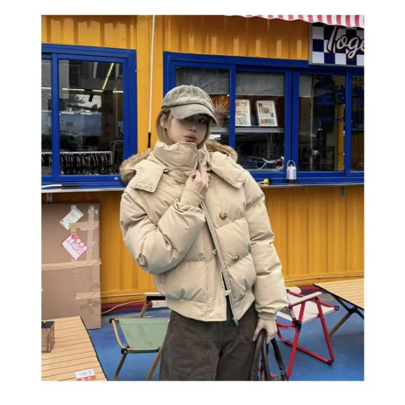 High Street Women's Retro Down Cotton Jacket  Winter New Loose  Fur Collar Design  Short  Hooded Top Warm Fashion Jacket