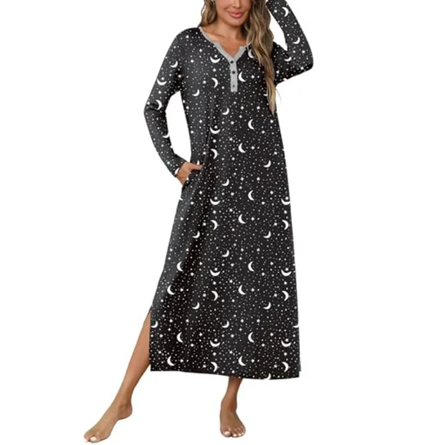 Marvmys Womens Long Sleeve Nightgowns Long Button Up Night Gown Henley V Neck Full Length Sleep Shirts with Pocket