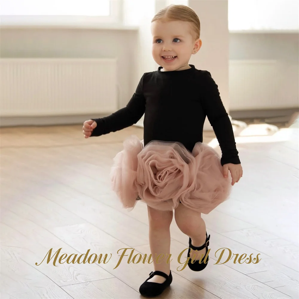 Meadow Black and Dusty Pink Children Birthday Wedding Dresses Round Neck First Communion Gown Long Sleeve Girls Princess Dress