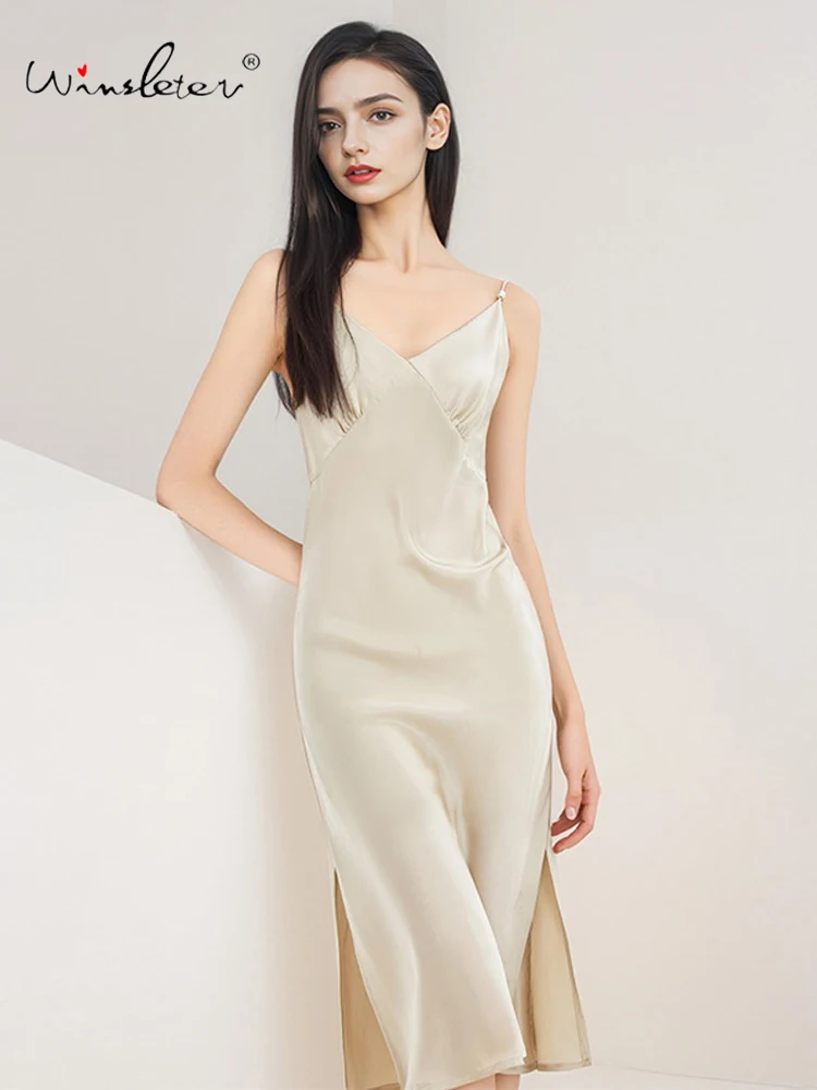 Winsleter-Women 16MM 100%Real Silk Elegant Nightgown, Sexy V Neck Solid, Backless Thin Chic Pajamas Dress, 2025 Summer P53623CC