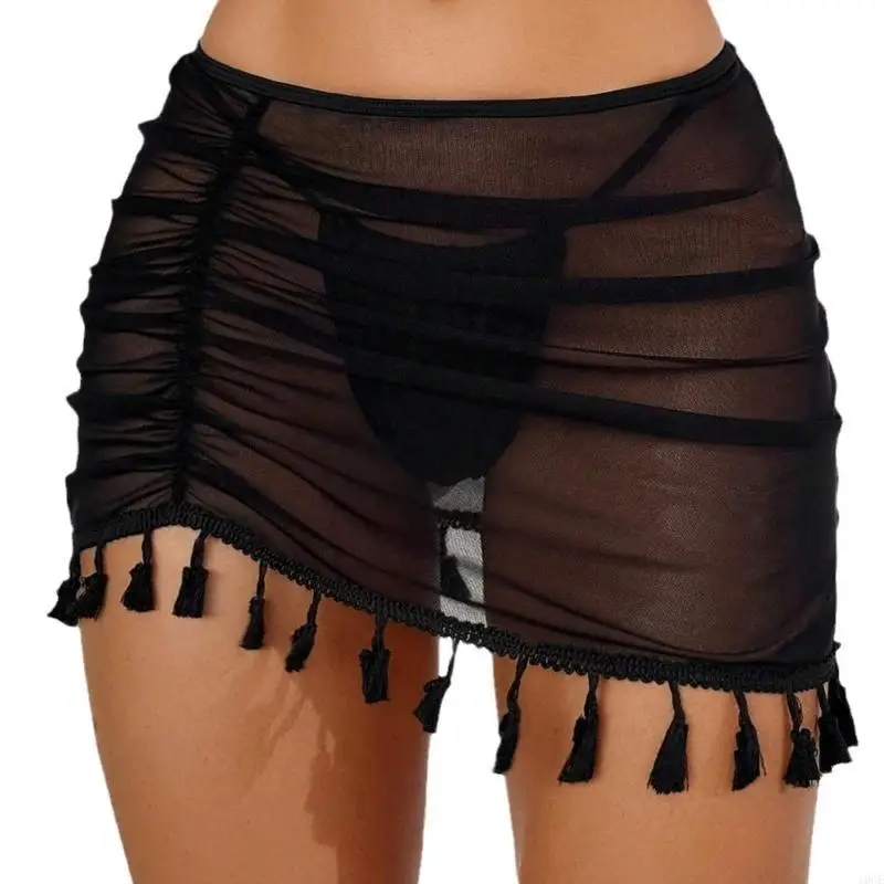 Women Ruched Sheer Beach Skirt Swimsuit Coverup Skirt with Tassels Swimwears Coverup Skirt Sheer Bathing Suit Coverup