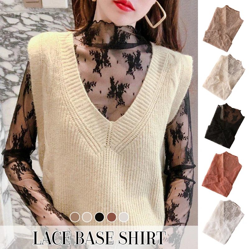 Elegant Women Sexy Mesh T-Shirts Transparent Long Sleeve Lace Blouse Bottoming Shirt See Through Girls Sheer Tees Body Crop Top