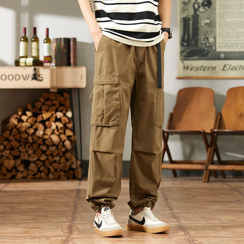 Men's Cotton t Loose Cargo Pants Casual Streetwear Japanese Style Loose Wide Leg Work Trousers Multi-Pockets & Elastic Waist