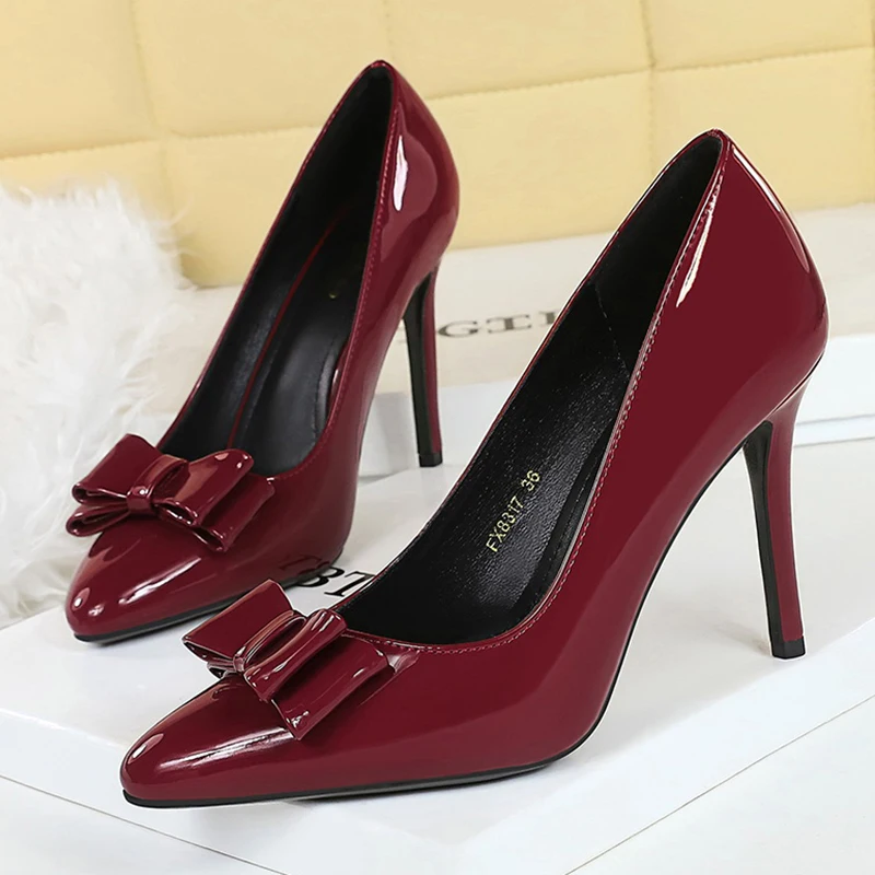 Women 10cm High Heels Lady Korean Style Fashion Temperament Butterfly Knots Eden Pumps Female Patent Leather Round Toe Shoes
