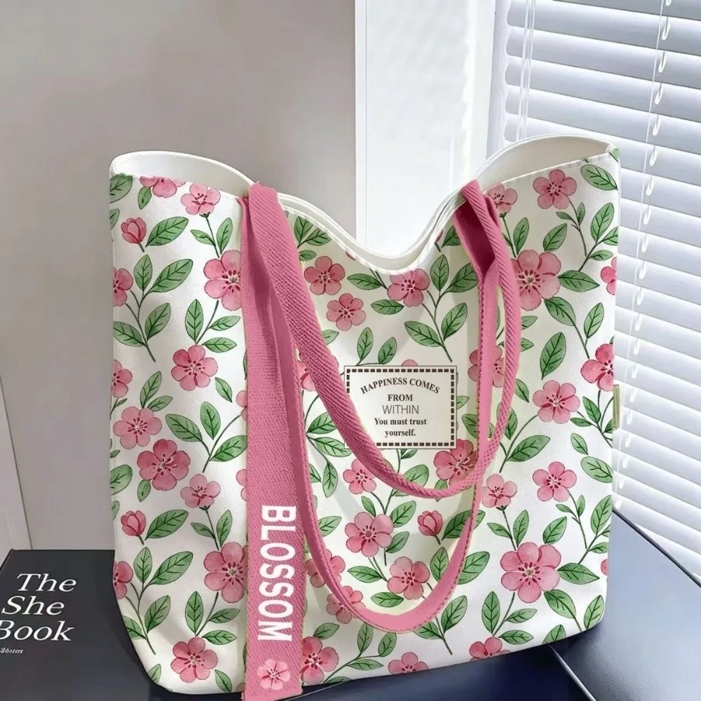 Fashion Canvas Tote Bag Floral & Lemon Print Large Capacity Commute Bag Open Top Handbag Women Girls