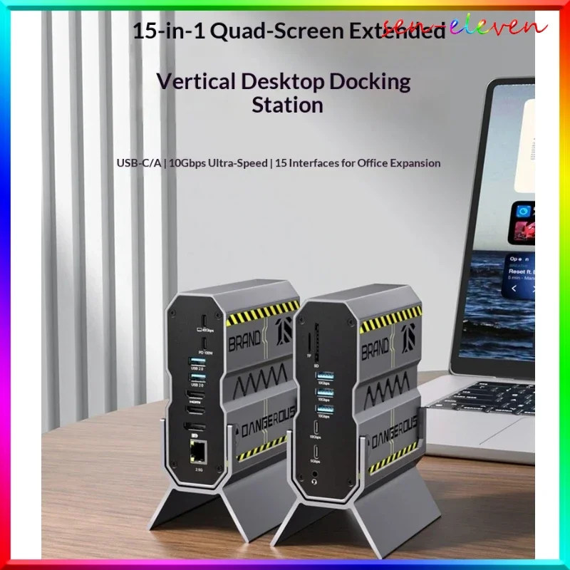 Fmouse 15-in-1 Vertical Type-C Docking Station, 4 Display Outputs, Dual HDMI 8K, 2.5G Ethernet, PD 100W Fast Charging for Office