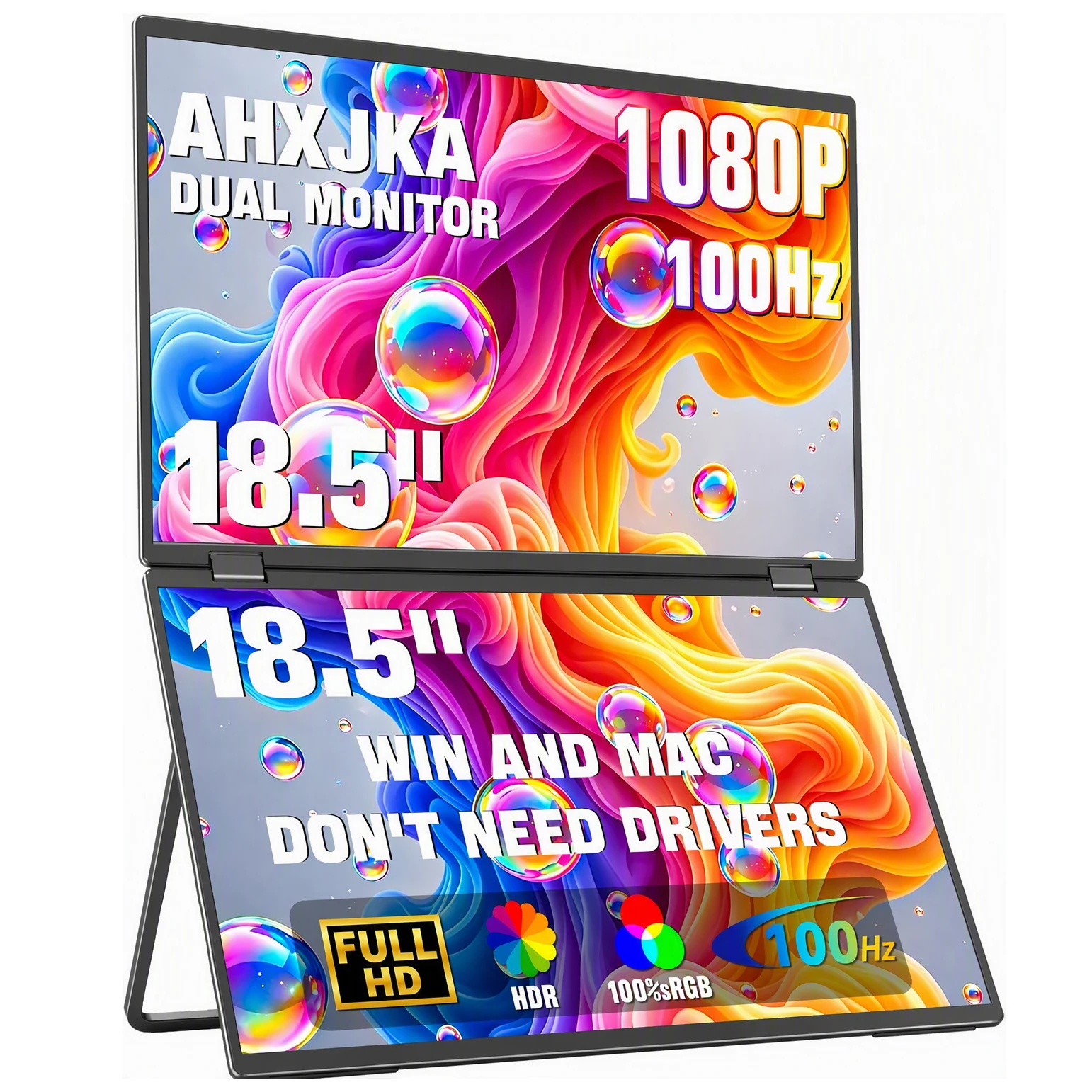 18.5" Dual Portable Monitor FHD 100Hz 100%sRGB Foldable Stackable Design with 315 Screen Adjustment USB-C/HDMI Second Monitor