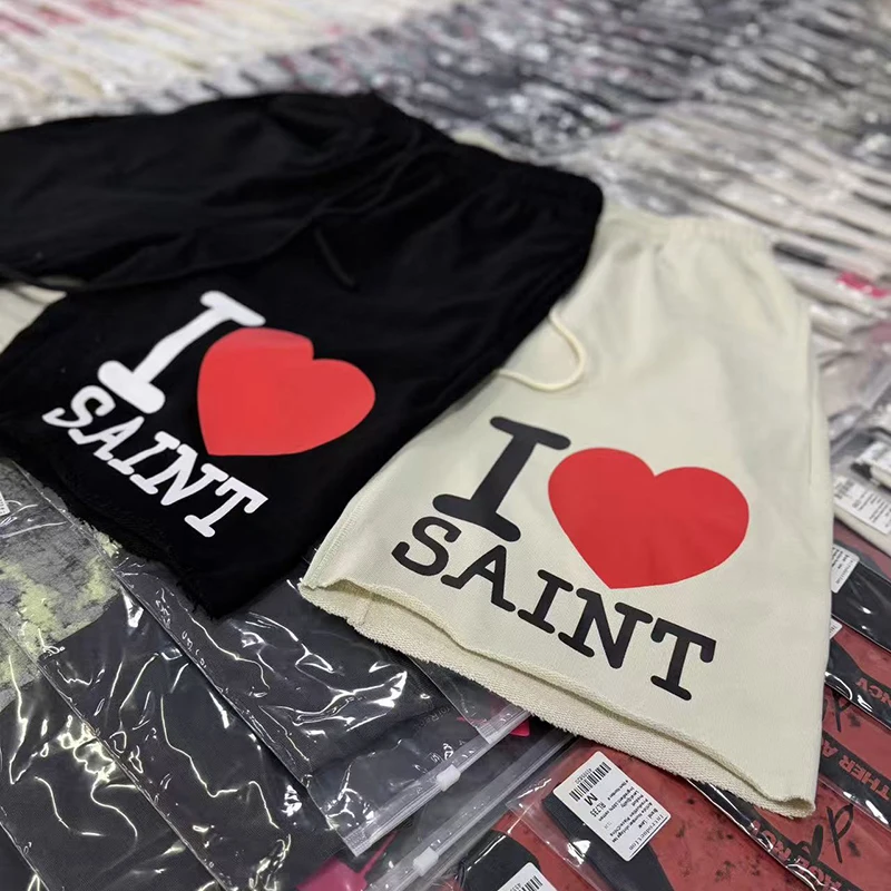 26ss American Retro Letter-shaped Heart Print Saint Casual Shorts Men's Women's Daily Casual Stretch Waist Pants