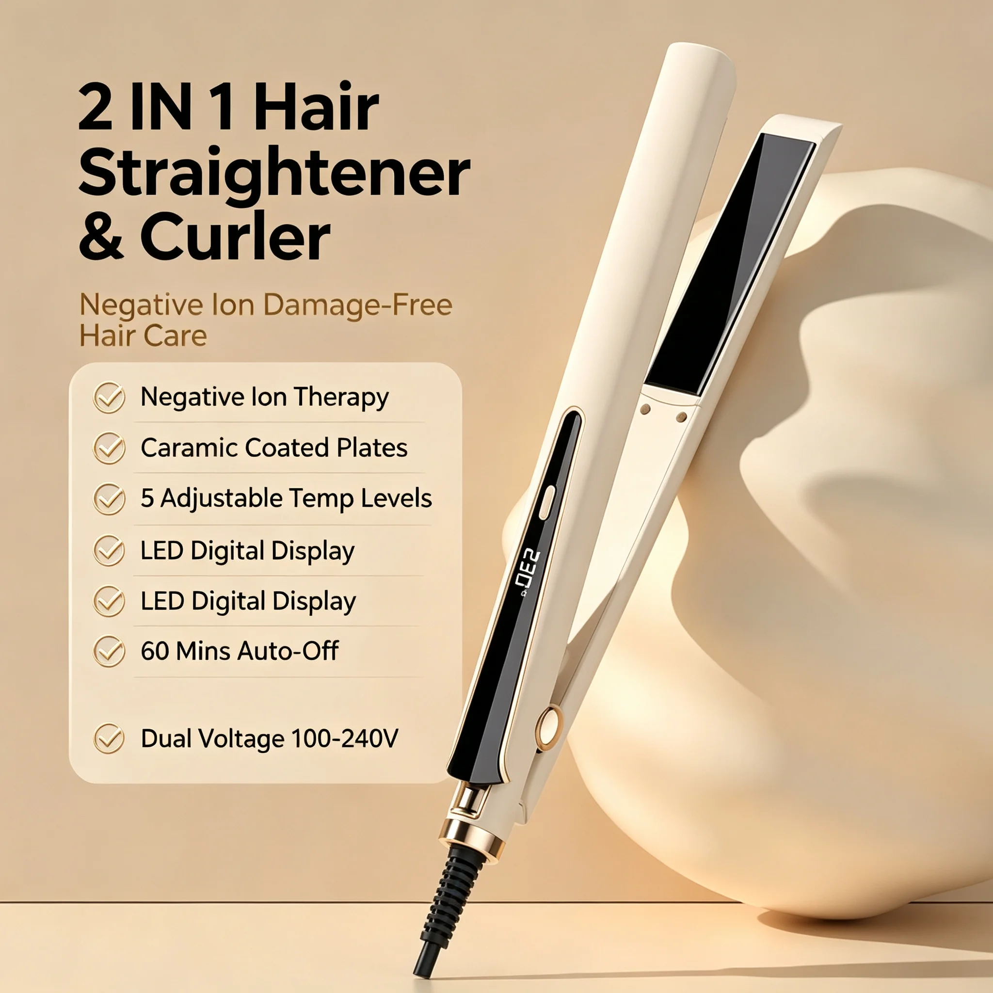 Flat Iron Hair Straightener and Curler 2 in 1 with 10s Fast Heating Ceramic Ionic Dual Voltage Straightener Less Frizz Shinier