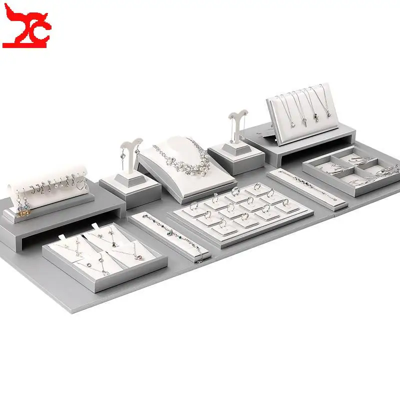 Business Exhibition Jewelry Display Stand Luxurious Silver and White Leather Window Counter Set Jewelry Storage Rack Tray