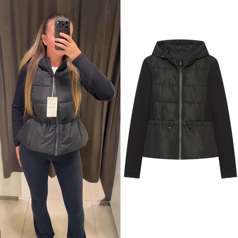 Women Patchwork Hooded Puffer Jacket Zip Up Mixed Media Quilted Coat Drawstring Waist Slim Fit Warm Winter Parka Outerwear
