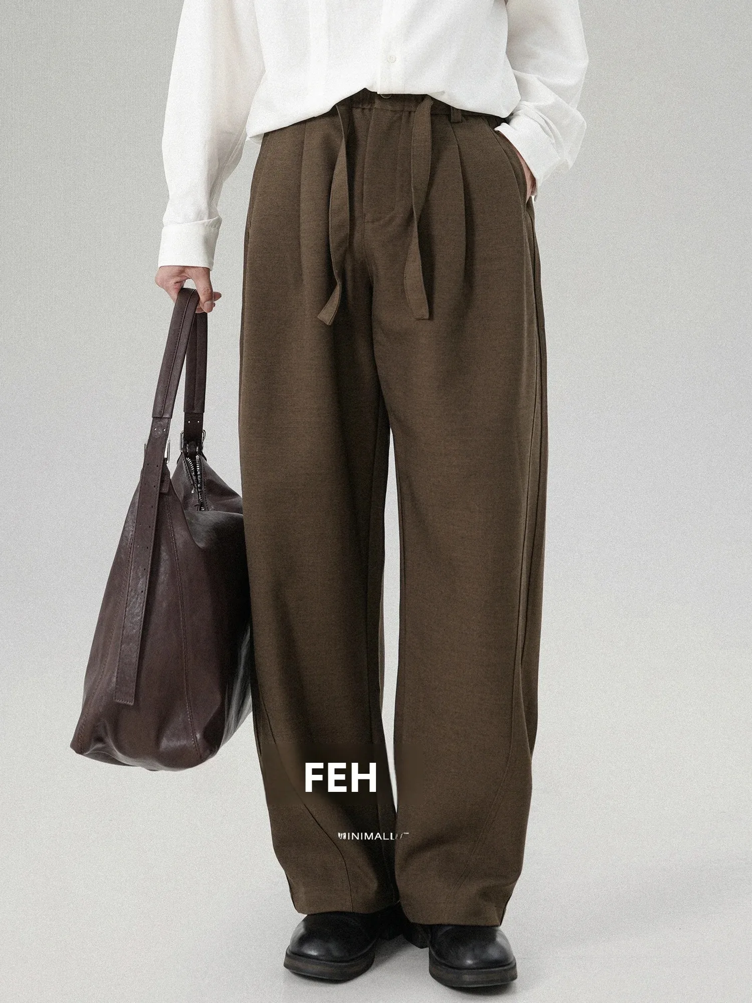 Mr. Twenty-Eight Retro Handsome Wide Leg Casual Pants Elastic Waist Drawstring Pleated Drapey Straight Men Versatile Long Tro...