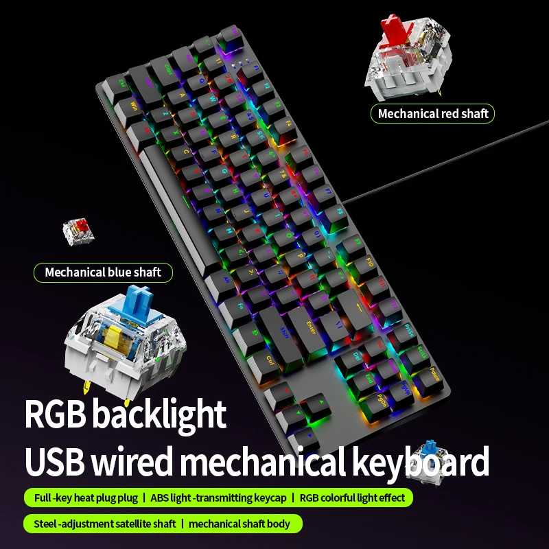 AK87 87-Key RGB Mechanical Keyboard - Hot Swappable Wired USB Gaming Backlit Compact Keyboard for PC