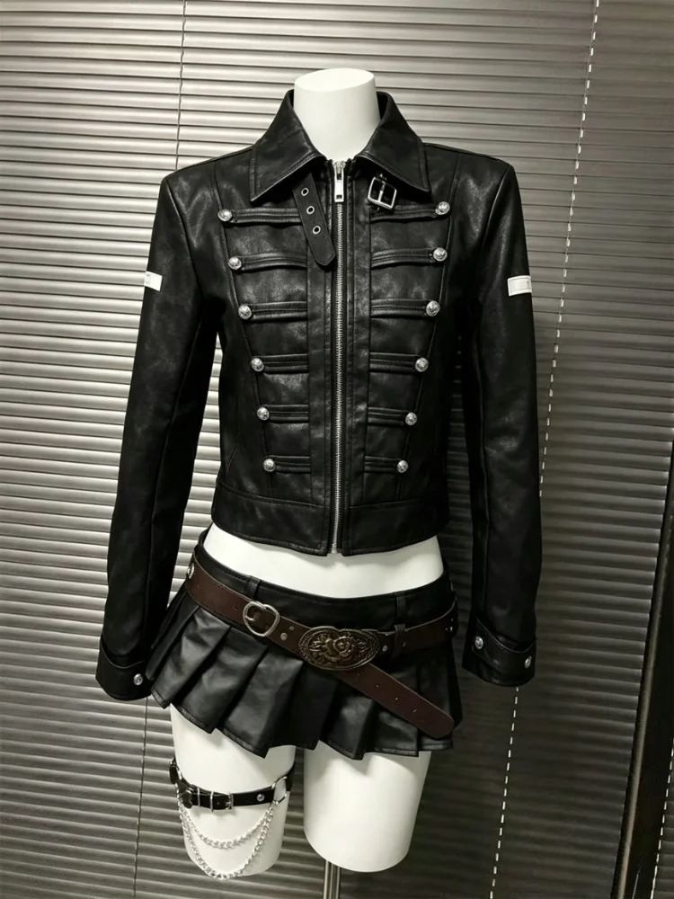 American Vintage Subculture Punk Jacket Long Sleeve Black Coat Slim Gothic Streetwear Casual Outerwear Daily Outfits 2026