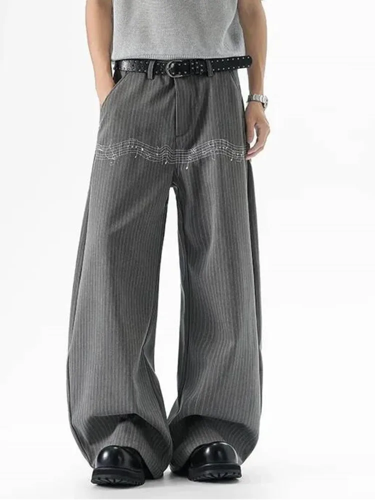 Grey Striped Embroidered Men's Casual Trousers With Draped Texture Loose Wide Leg Straight Trousers Summer New SB33