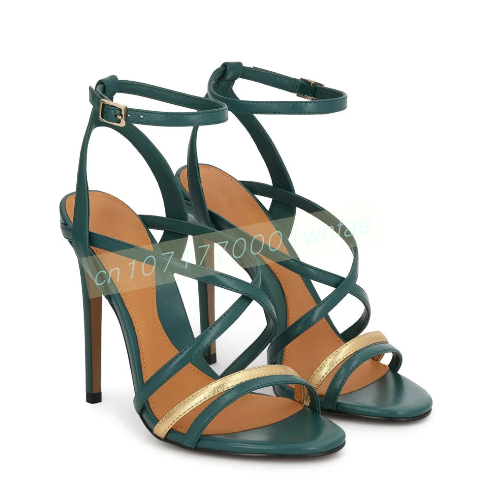 Women Strappy High Heel Sandals Toe Ankle Buckle Strap Thin Stiletto Heels Contrast Gold Band Evening  Ladies Dress Footwear 46
