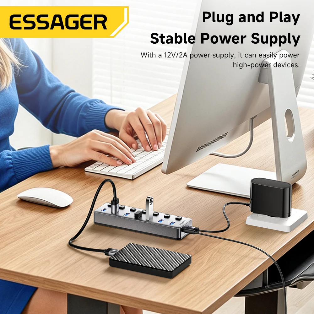 Essager 7 in 1 USB Hub 3.0 Multi Port Expander 5Gbps Splitter Adapter with 24W Charger Compatible with MacBook Pro Mac Laptop PC
