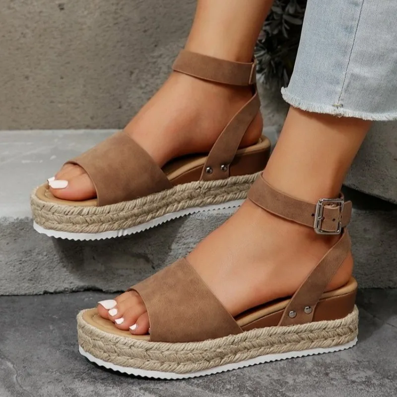 2026 New Trendy Simple Style Wedge Women's Sandals Summer Solid Color Ankle Strap Casual Thick Soled Women Shoes  