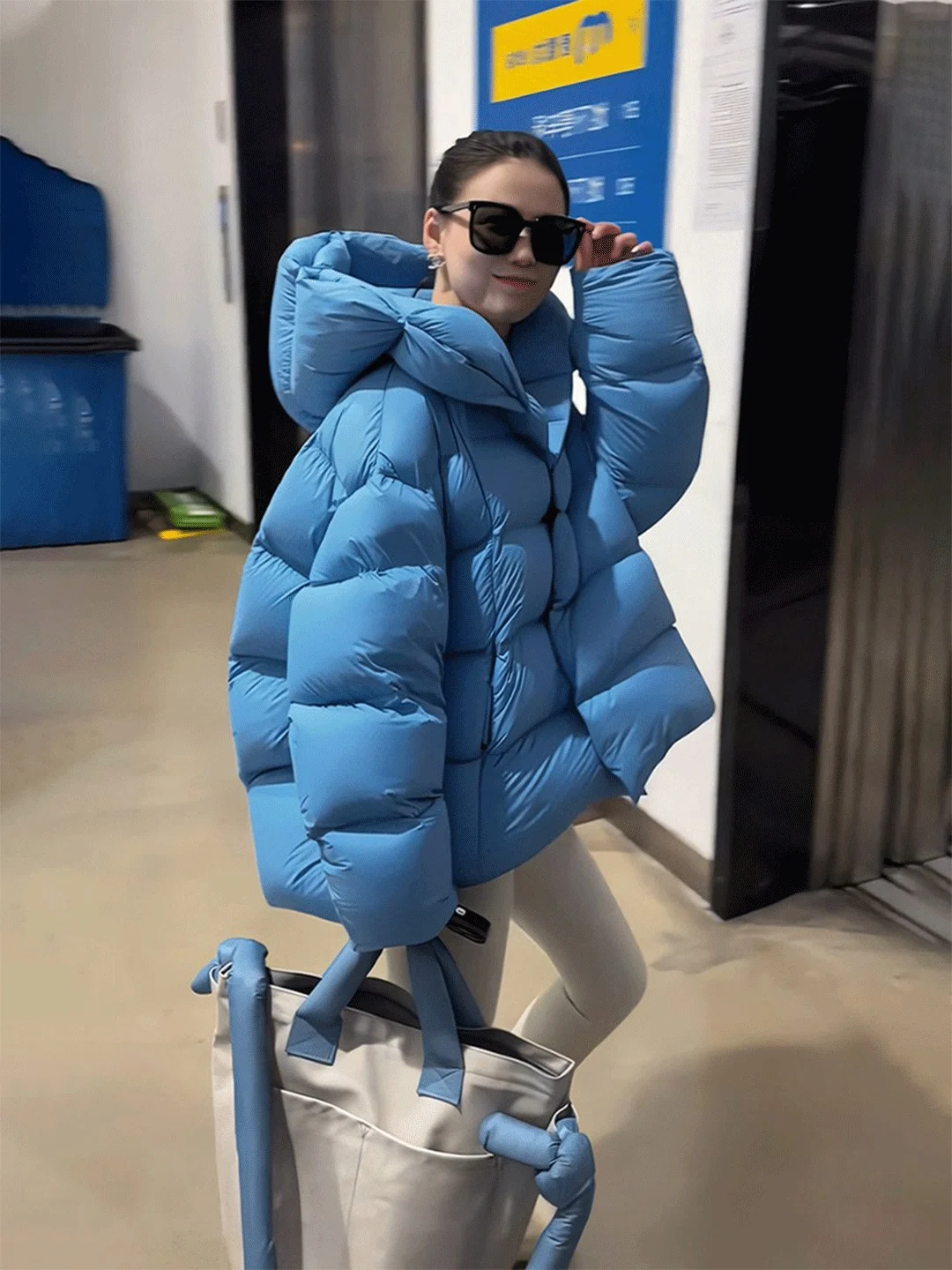 Women's Thickened Cotton Jacket Blue Korean Style Spring Autumn Winter Outerwear Bread Shape Flower Bud Coat Zipper Closure