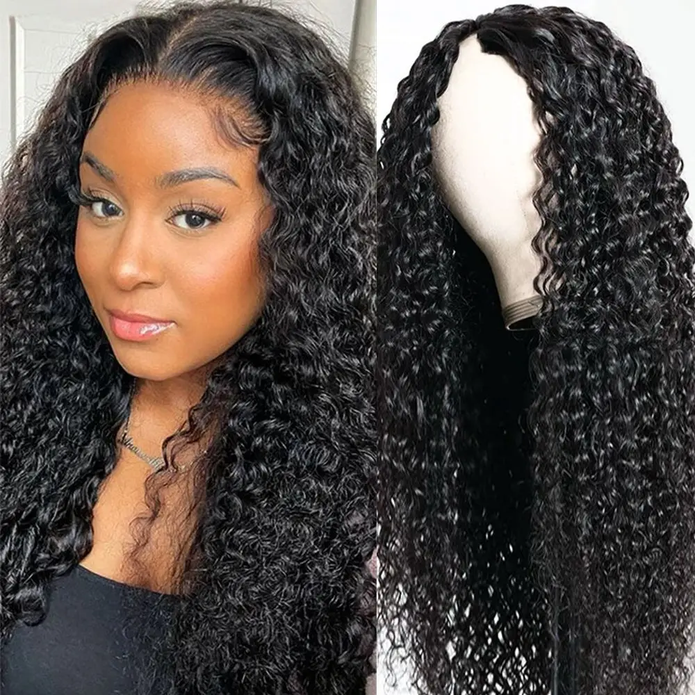 V Part Wig Deep Wave Human Hair Beginner Friendly for Women Brazilian Machine Made 180% Density Deep Wave Wigs Natural Color