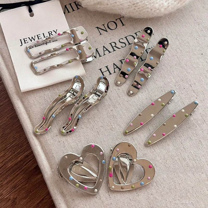 Colorful Polka Dot Silver Y2K Hair Side Clips for Women Elegant Metal Duckbill Clip Side Bangs Barrettes Girls Hair Accessories