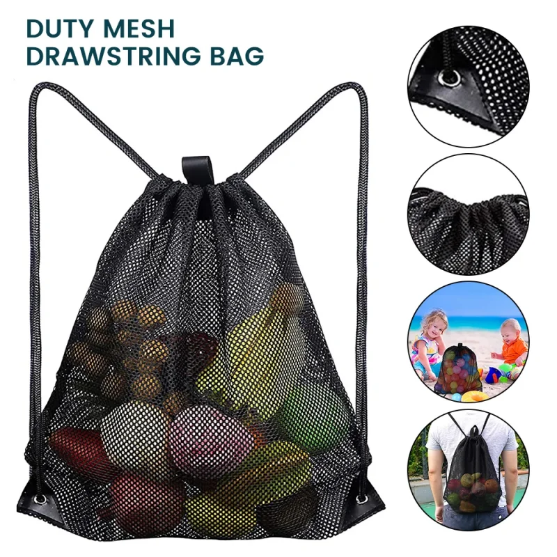 Drawstring Black Mesh Team Training Backpack Bag Hiking Travel Gym Sports Gears Beach Toy Ball Storage Bag Shopping Pocket Pouch