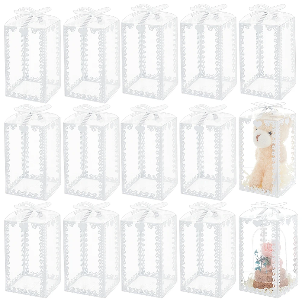 50 Pcs 2.4x2.4x4.7 Inch Clear PVC Gift Boxes Rectangle Bow Knot Pattern Boxes Wedding Party Favor Festival Gift Packaging