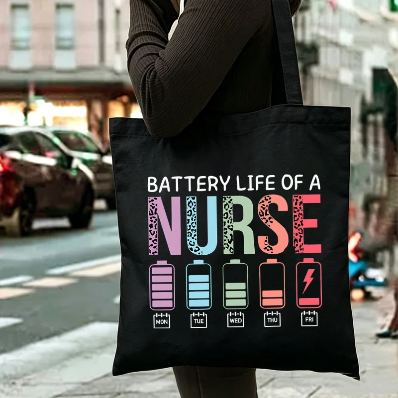 Battery Life of A Nurse Print Women Men Canvas Shoulder Bag Vintage Stethoscope Shopping Bag Fashion Nurse Fun Gift Handbag