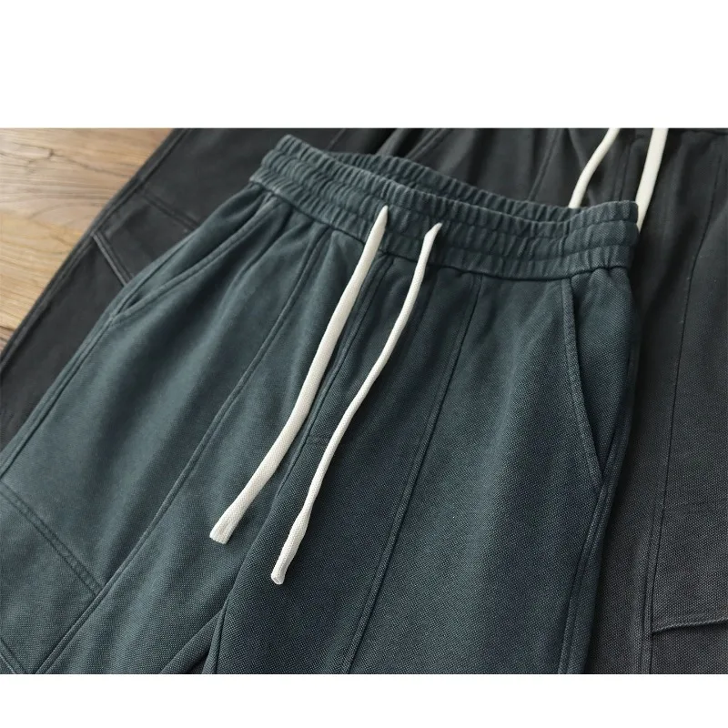 100% cotton mesh knitted sweatpants men's fleece washed distressed elastic waist casual leggings sweatpants
