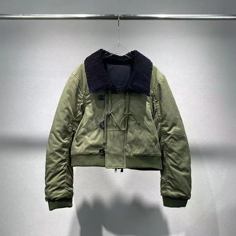 Women's Contrast-Color Wool-Collar Cotton Jacket Stylish Casual Short-Length Warm Jacket Back Tie-Detail Top 2025 New Arrival