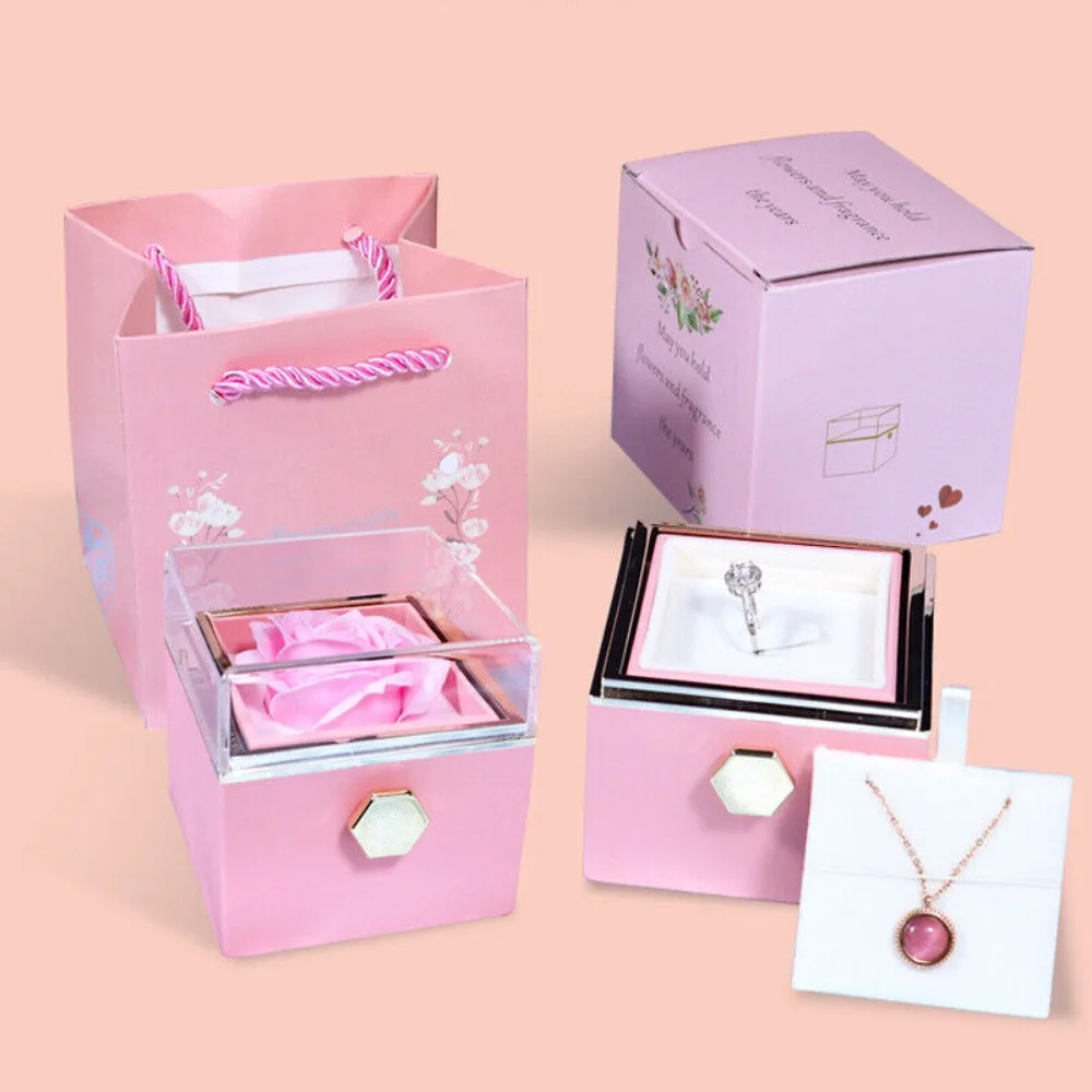 Eternal Rose Rotating Jewelry Box Soap Flower Transparent Lid Rose Gift Box Acrylic With Gift Bag Ring Box Wedding Party