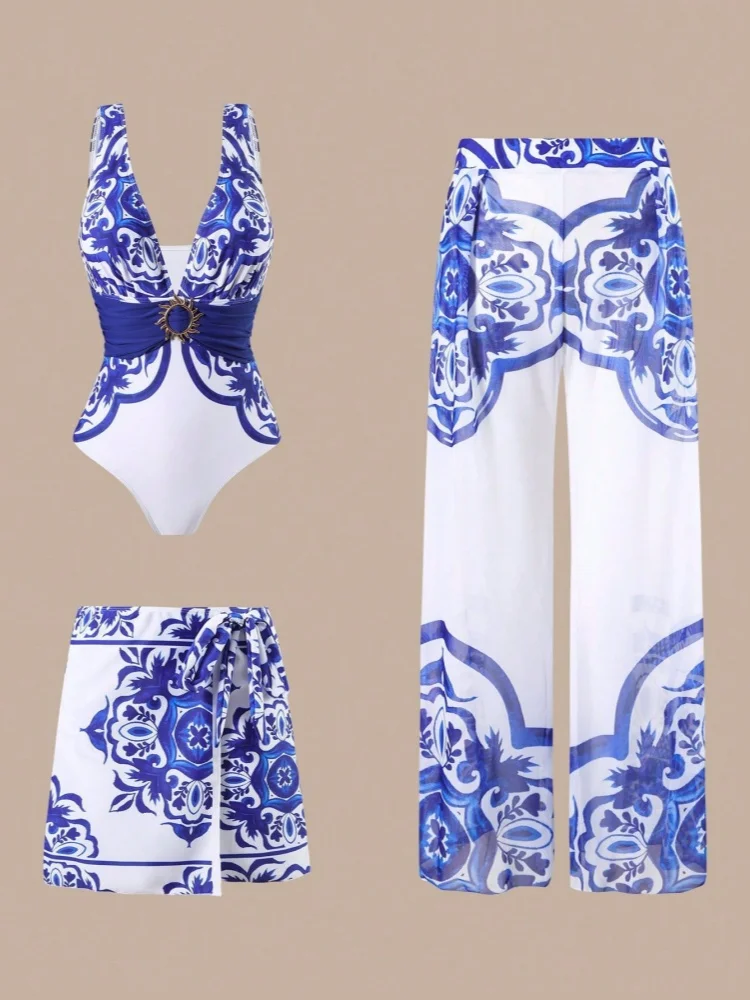 Women Three Piece Swimsuit Set Deep V Neck Metal Ring Decor White Tile Print One Piece Bathing Suit With Wrap Skirt Wide Leg