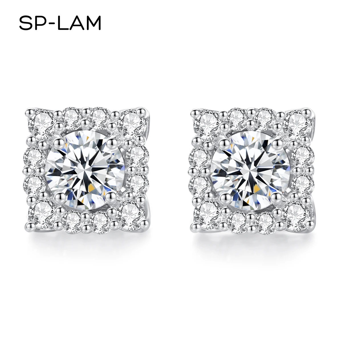 SP-LAM S925 Sterling Silver 1CT Moissanite Stud Earrings for Women Square Halo Design Sparkling Wedding Engagement Fine Jewelry