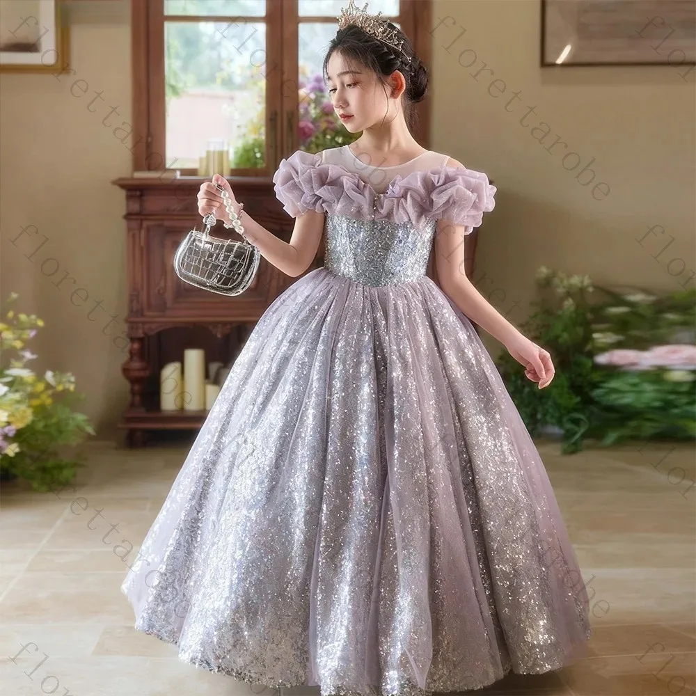 Customized Lavender Off Shoulder Kids Sequin Pageant Gown Ruffle Cold Shoulder Neck Glitter Tulle Floor Length Birthday Wedding