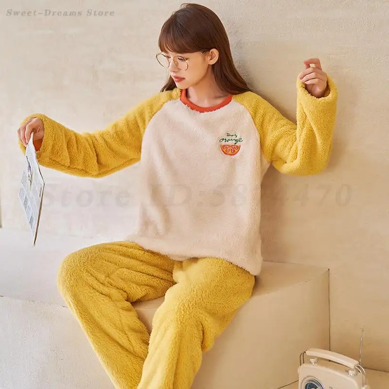 Embroidered Orange Pajamas Set Coral Fleece Thickened Sleepwear Autumn Winter New Loungewear Women's Casual Home Wear Pyjamas