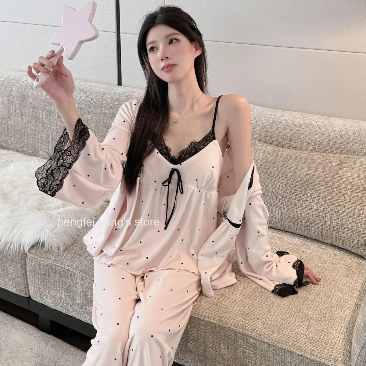 Women Winter Sweet Girls 3 Piece Cami Pajama Set Warm Soft Casual Cozy Long Sleeve Long Pants Loungewear Home Sleepwear Suit