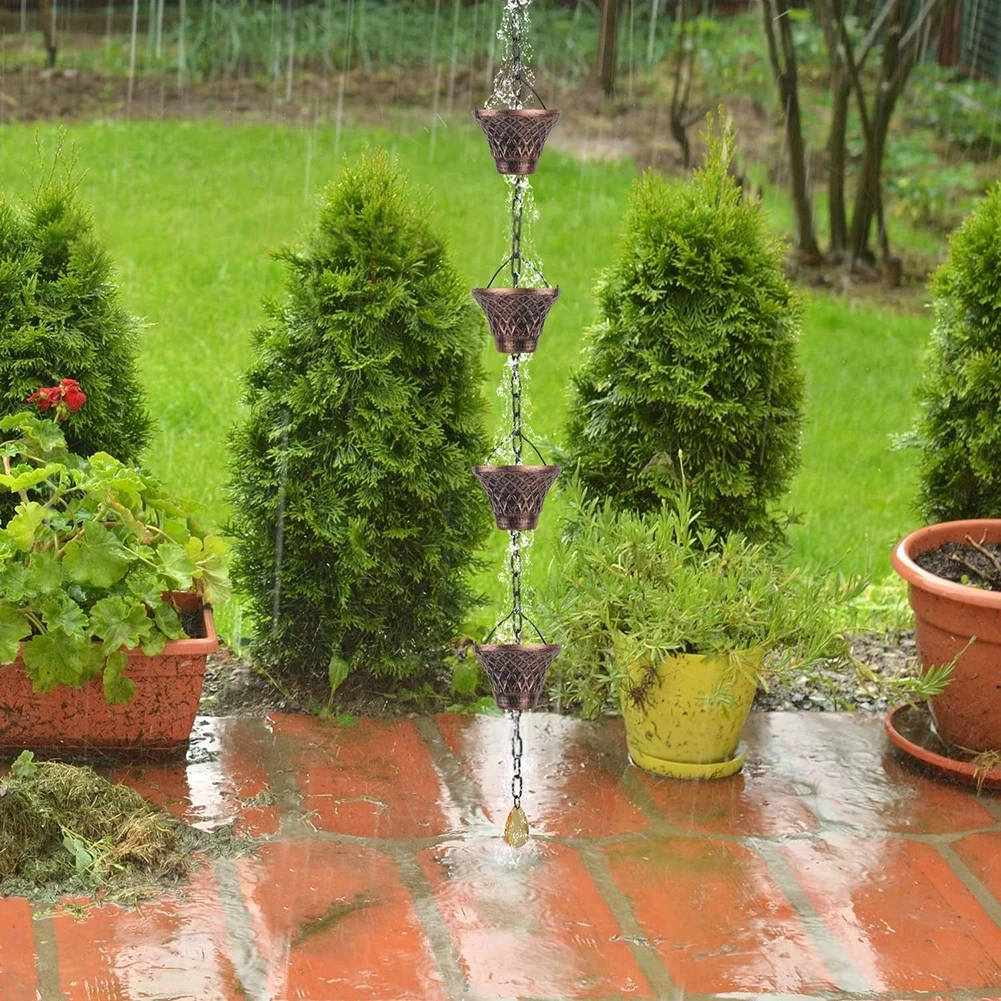 Rain Chains For Gutters Decorative Elegant Copper Lattice Aesthetic Design. Relaxing Backyard Water Feature
