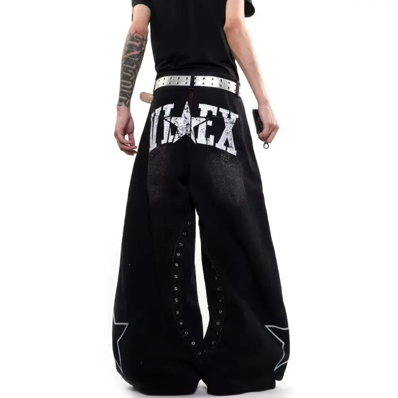 Men's Star Patterned Punk Style Black Jeans Street Wide Legs Pants Cool Boy Sweatpants Male Vintage High Waist Trousers