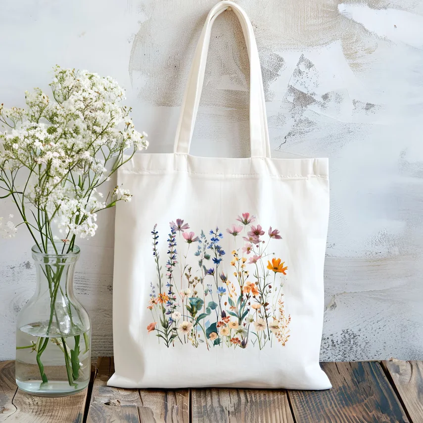 Wildflower Tote Bag, Floral Botanical Tote, Flower Shoulder Bag, Vintage Flower Bag, Bridal Floral Bag, Birthday Gift Bags