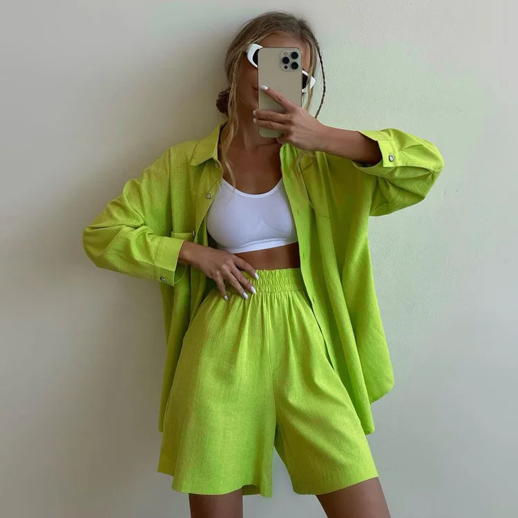 European American 2026 Summer New Solid Color Single-Breasted Long-Sleeve Turn-Down Collar Shirt And Shorts Loose Fashion Casual