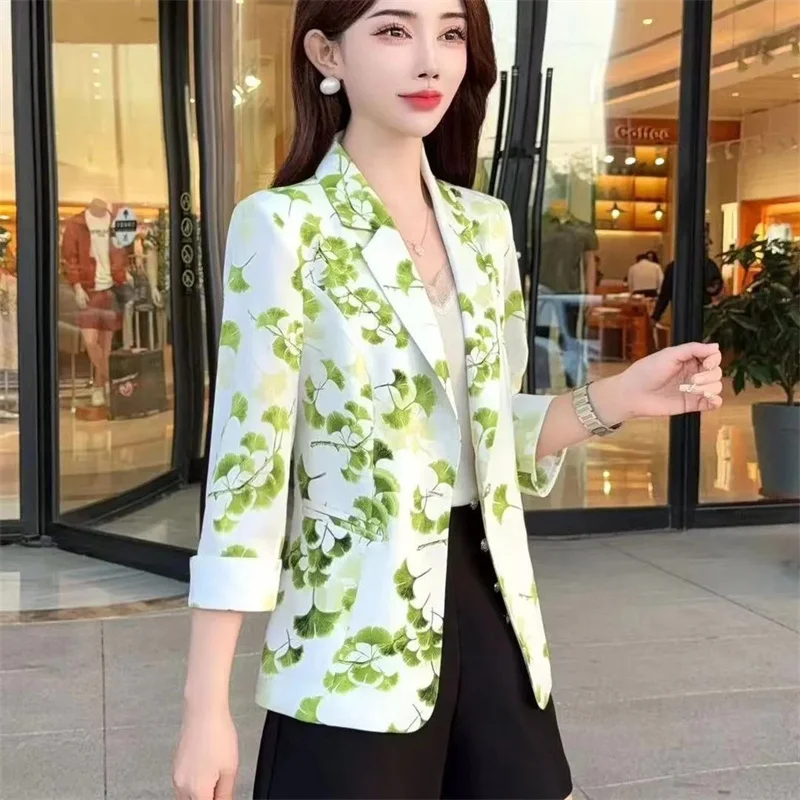 Ladies High-end Patchwork Cardigan Women Fashion Printed Casual Suit Autumn Female Seven Quarter Sleeves Top Coat