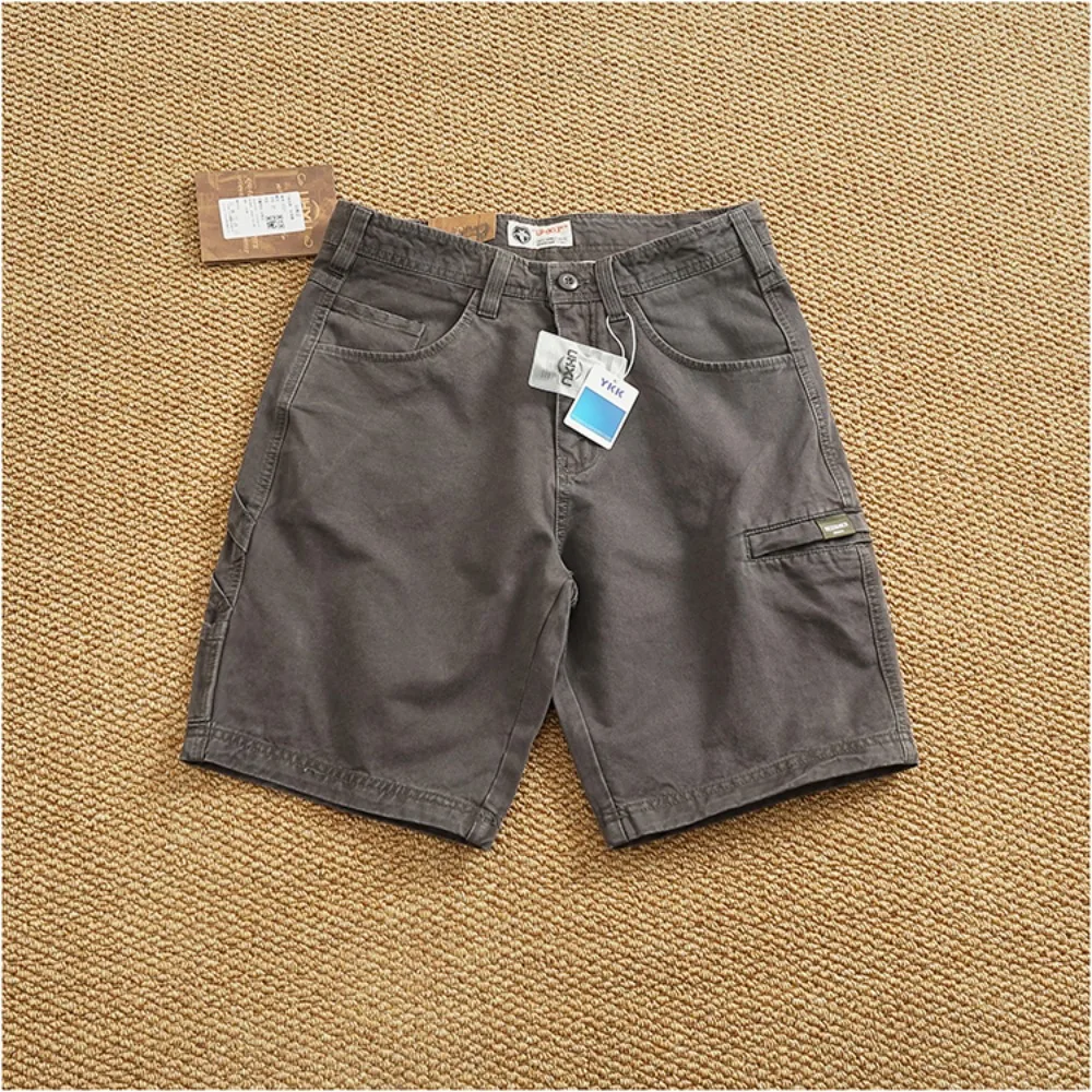 Summer texture heavy cargo woven shorts men's retro multi-pocket cargo logging pants five quarter pants